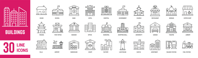 buildings thin line icons set. house, hospital, restaurant, city, hotel, apartment, mall, coffee sho