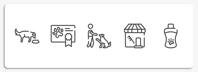 Wall Mural - pet shop lineal outline icons set. thin line icons sheet included feeding the dog, health certificate, man and dog, pet grooming, shampoo vector.