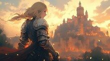 Medieval Female Knight In Shiny Armor, Castle Ruin In Background, Sunset, Oil Painting Style Animation Illustration. Generative AI