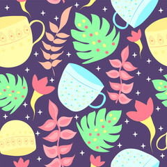 Wall Mural - monstera leaves, cups, tea, motif, branches on sky with stars seamless vector repeat pattern.