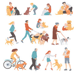 Wall Mural - Set of people walking, playing and cuddling their dogs, flat vector illustration isolated on white background.