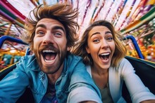 Cheerful Young Couple Selfie Enjoying Rollercoaster. Generative AI, Generative AI