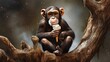 A curious monkey sitting on a tree branch, delicately holding a melting ice cream cone and savoring each lick - Generative ai