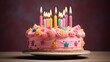 Girly pink Birthday cake with candles. Generative AI, Generative AI