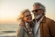 Senior retired couple enjoying walk by the beach. Generative AI, Generative AI