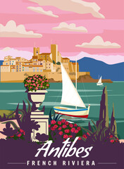 Wall Mural - Antibes French Riviera Retro Poster. Tropical coast scenic view, palm, Mediterranean marine, sea town, sailboat.
