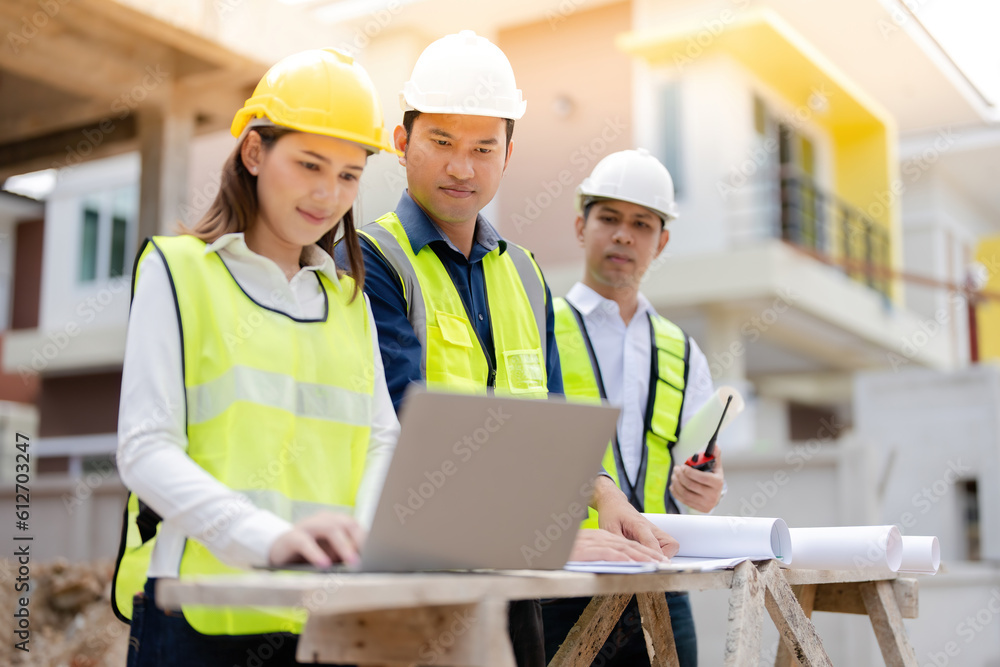 A team of 3 Asian male and female engineers, mechanic managers and ...