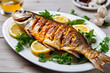 grilled fish on a white plate, Generative AI