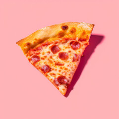 Delicious fast food concept, slices of delicious pizza, pizza with ham, tomato paste and melting cheese on a pink background. Unhealthy caloric food. Illustration, Generative AI.