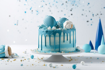 blue birthday cake on white background