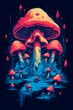 Fantasy mushrooms in colorful flat vector style made with Generative AI. Illustration for T-shirt print, poster, stickers on a solid color background. 