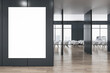Front view on blank white poster with space for your logo or advertising text on black wall partition in stylish conference area with city view from big windows and chair rows. 3D rendering, mock up
