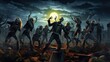 © Filip - A comical scene featuring a group of zombies practicing their dance moves for a Halloween party, with tombstones and a moonlit sky as their backdrop, adding humor to the spooky theme - Generative ai