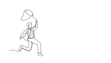 Canvas Print - Animated self drawing of continuous line draw businessman try to catching flying light bulb with butterfly net. Searching inspiration, creative. Business metaphor. Full length single line animation