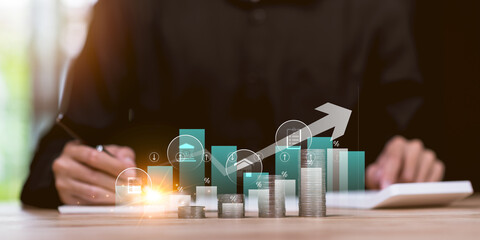 concept of finance and investment ,profit growth management ,financial graphical and statistical analysis ,Stock and currency fund management ,bank interest management ,high return investment