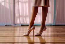 Womans Feet Standing On Wooden Floor With Heels, Generative Ai