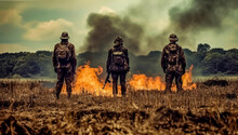 Army Soldiers Standing In A Open Field With Fire , Generative Ai