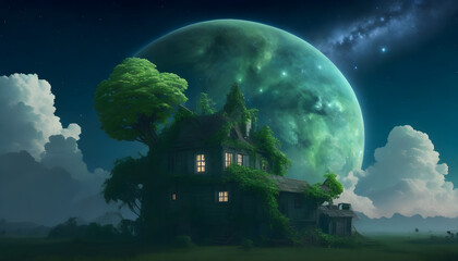 Wall Mural - big green planet with a round of trees by the house