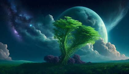 Wall Mural - a tree with multiple planet view in a field with one big green plant, 1 worm medium planet, sky colo