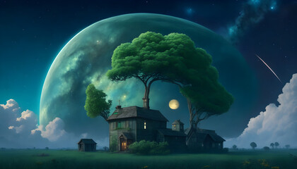 Wall Mural - big green planet with a round of trees by the house