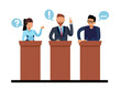 Presidential candidates address their supporters and hold political debates. Party leader. Man and woman standing at talk tribune. Government election. Cartoon flat illustration. png concept