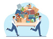 © YummyBuum - Two male movers carry couch with cardboard boxes, flower, pictures and books, fast moving service. Transportation and relocation company. Cartoon characters flat isolated png concept
