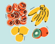 Stylish Set With Oranges, Bananas, Lemons, Kiwi On A Blue Background. Fruits. Vector Illustration, Print, Design Elements