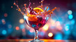 AI generative image of a splash image of a colorful and exotic alcoholic coctail in a party atmosphere 