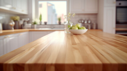 Empty wooden tabletop, counter, desk background over blur perspective kitchen background, wood table worktop for product placement, blurred kitchen, product display mockup,Generative AI