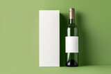Fototapeta Do przedpokoju - Mockup featuring a green glass wine bottle placed on a white gift packaging box against a clean green background. Generative AI