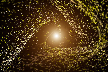 Wall Mural - the golden particles extend and converge and disappear into the distance against a black background