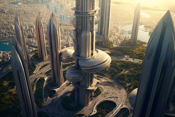 Wall Mural - futuristic high-tech city with advanced infrastructure, science fiction cityscape, fictional landsca