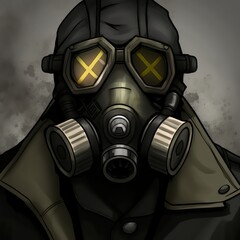 Man gas mask inquisitor. Fantasy sci fi character illustration. Digital art painting. Generative AI.