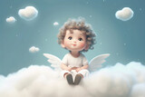 Fototapeta Do przedpokoju - Little cute boy kid child, angel with wings sitting on the cloud dreaming. Generative AI