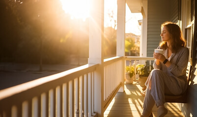 Woman enjoying a cup of morning coffee or tea on the porch in soft morning light. Concept of de-stress, mindfulness and weekend days. Shallow field of view, illustrative Generative AI. 