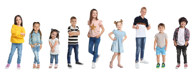 Cheerful children of different ages on white background. Collage design