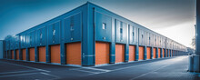 Generative AI, Mini Colorful Metal Self Storage Facilities Rental Units, Warehouse Exterior, Industry Garage Building.