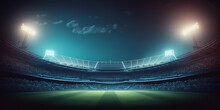 Nighttime Sports Backdrop Stadium For Football And Cricket With A Blurred 3D Lighting Background. Generative Ai.