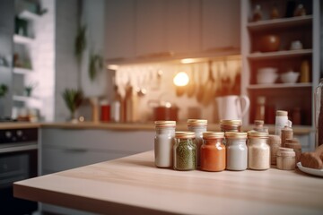 Wall Mural - Products blurred view kitchen. Generate Ai