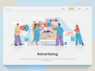 Aufkleber - Advertising web concept for landing page in flat design. Man and woman with megaphones promoting product on social media and online news. Vector illustration with people scene for website homepage