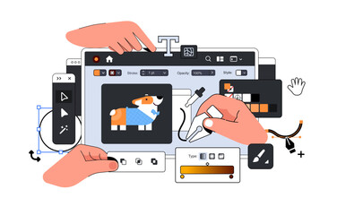 ui design layout illustration with hands. tools for professional digital art in vector graphics edit
