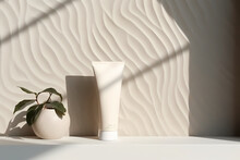 Blank Cream White Cement Curve Counter Podium With Texture, Soft Beautiful Dappled Sunlight, Leaf Shadow On White Wall For Luxury Organic Cosmetic, Skincare, Beauty Treatment Product Background