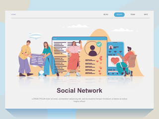 Aufkleber - Social network web concept for landing page in flat design. Man and woman chatting online, sending messages, leaving comments and likes. Vector illustration with people scene for website homepage