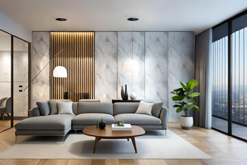 Interior of Living Room Modern style with Grey fabric sofa, Wooden side table, and white ceiling lamp on Wooden floor, Generative AI 