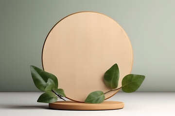 Wall Mural - Natural round wooden stand for presentation and exhibitions on white background with shadow. Mock up 3d empty podium with green leaves for organic cosmetic product. 