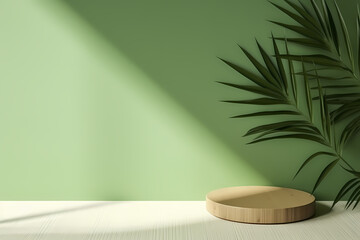 Wall Mural - Modern minimal empty matte green counter table top, bamboo palm tree in sunlight, leaf shadow on green wall background for luxury organic cosmetic, skin care, beauty treatment product display 