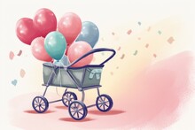 Illustration Of A Baby Carriage With Balloons On Pastel Background. Generative AI