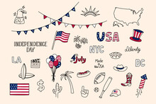USA Doodles Set. United States Of America Vector Design Elements Isolated On White Background. Collection Of US National Symbols. Independence Day. American Flag, Liberty Statue, July 4, Eagle