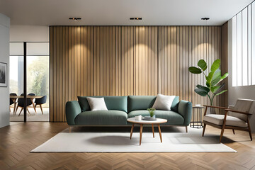 Wall Mural - Interior of Living Room Modern style with Grey fabric sofa, Wooden side table, and white ceiling lamp on Wooden floor, Generative AI 