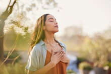 Mixed Race Woman Relax And Breathing Fresh Air Outdoor At Sunset
